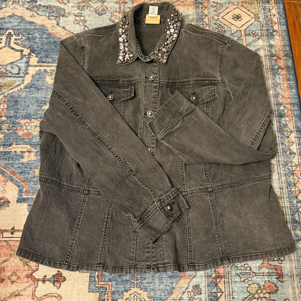 3/$25 ✨ Ruby Rd Embellished Collar Denim Jacket 18W Plus Silver Gray Beading ✨